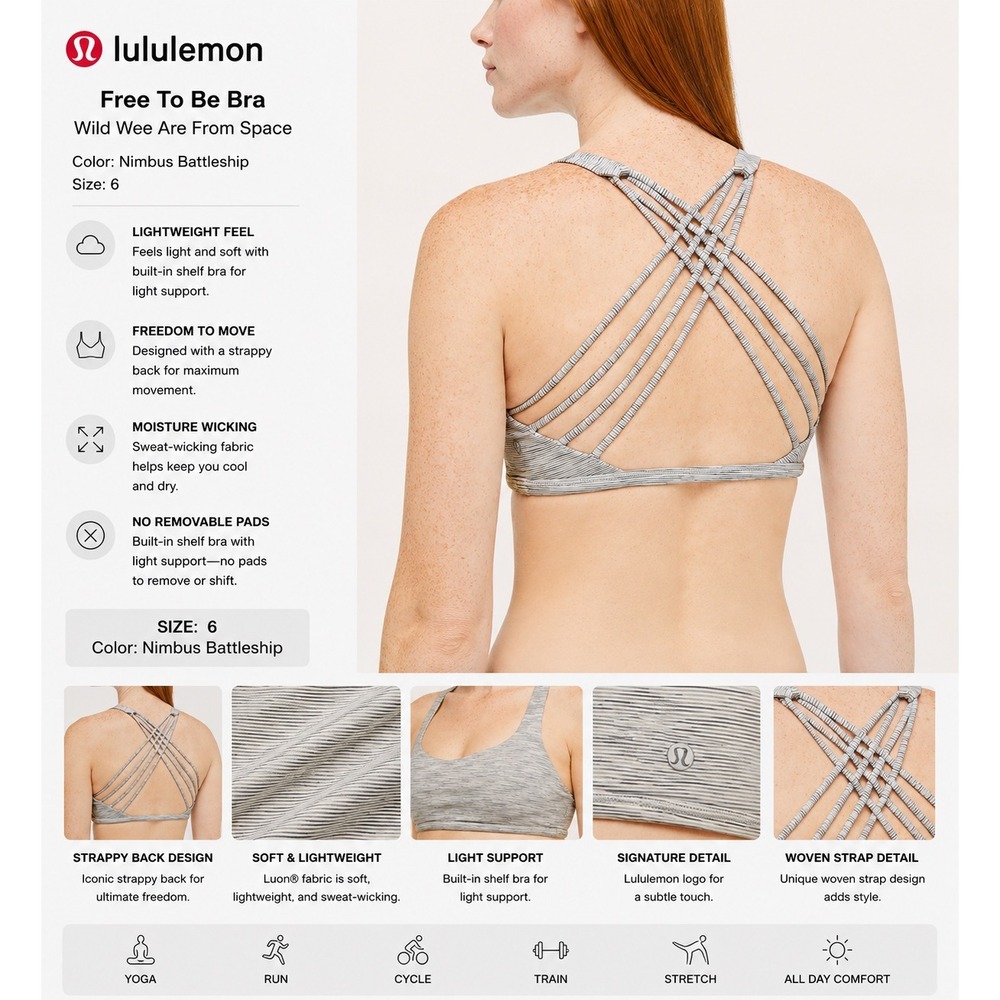 Lululemon Free To Be Bra Wild Wee Are From Space Nimbus Battleship Sz 6 Strappy